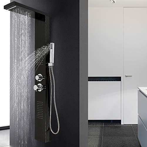 Duschsäule aus Edelstahl für Badezimmer, Duschsystem mit Massagedüsen, Handbrause, Wasserfall und Regendusche, 130 x 47 x 15 cm, 4 wählbare Modi (schwarz)