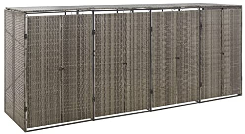 vidaXL Quadruple Wheelie Bin Shed - Durable Poly Rattan, Grey - Large Capacity Weather-proof Outdoor Storage with Lockable doors - 274x80x117cm