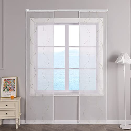 ESLIR Schiebegardinen Voile Flächenvorhänge Set 2er Schiebevorhang Wohnzimmer Gardinen mit Klettband Transparent Vorhang Bestickt Sand BxH 57x145cm 2 Stück