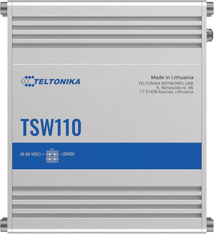 Teltonika TSW110000010 - Switch non gestito industriale L2 TSW110, porte Ethernet 10/100/1000 Mbps, alloggiamento in alluminio, larghezza di banda 10 Gbps - con cavo di alimentazione CC