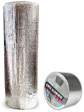 Aislante Térmico Reflexivo de Aluminio y Burbujas 1x5 m (5 m²) + Rollo Cinta de Aluminio 50 mm x 10 m - Frío y Calor - Viviendas, Caravanas, Campers, Buhardillas, Uso Industrial