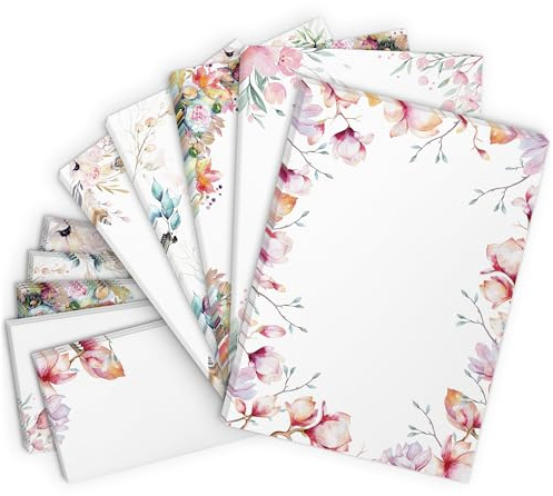Einladungskarten Manufaktur Hamburg 100 Teile Set - Großer Briefpapier und Umschlag Mix mit 5 Motiven - Motivpapier Briefumschlag edel modern - Blumen Florale Muster 1