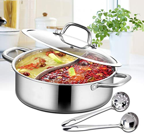 304 Edelstahl Dual Shabu Shabu, Hot Pot Induktion Suppentopf Glasdeckel, Elektrische Hot Pot Wokpfanne, Mit Suppenkelle + Sieb, für Zuhause, Party, Familientreffen (28cm)