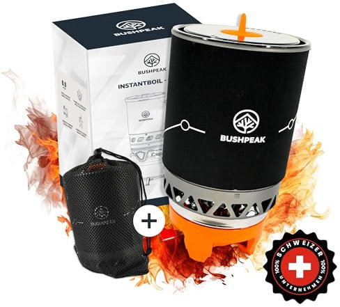 Bushpeak Gaskocher Outdoor Instantboil mit Transporttasche und Aufsatz 900 ml - 1800 ml I Campingkocher Gas Set 1-flammig mit Kochtopf und Piezozündung (1800ml)