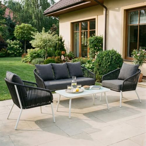IDIMEX Gartenmöbel Bengal mit Dreisitzer, Zwei Sessel, Beistelltisch in weiß/grau, Strapazierfähige, Wasserabweisende Polster, Gestell aus Aluminium, Beistelltischplatte aus Sicherheitsglas