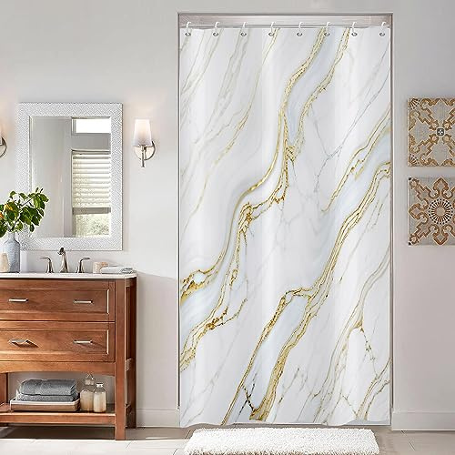ASDCXZ Marmor Duschvorhang 120x200 cm, Modern Abstrakt Weiß Gold Marmor Textur Bad Waschbar Schmal Duschvorhänge mit ösen Polyester Textil Wasserdicht Duschvorhang für Badewanne mit 8 Haken