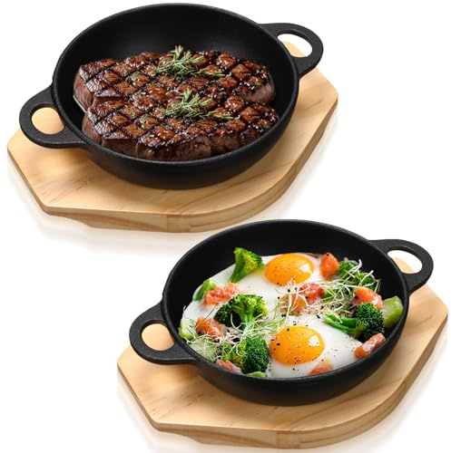 Jingmore 2 juegos de mini sartenes de hierro fundido con base de madera de 6.1 pulgadas, mini platos de hierro fundido para chisporrotear, mini sartén de hierro fundido, plato redondo de fajita, plato