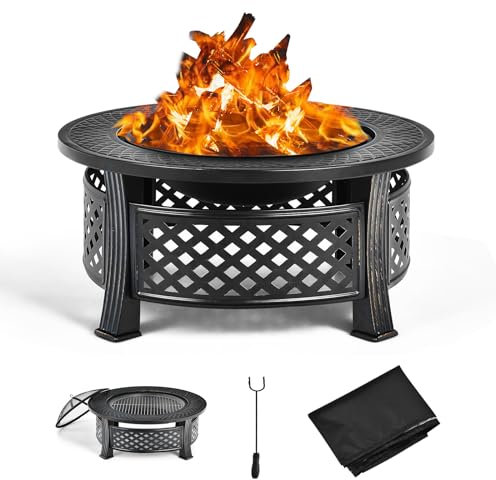 KOMFOTTEU Braciere da esterno con coperchio di sicurezza e pozzetto, Braciere da barbecue in metallo 3 in 1 con copertura impermeabile, per giardino, campeggio, pic-nic, φ81 x 50 cm (H), nero