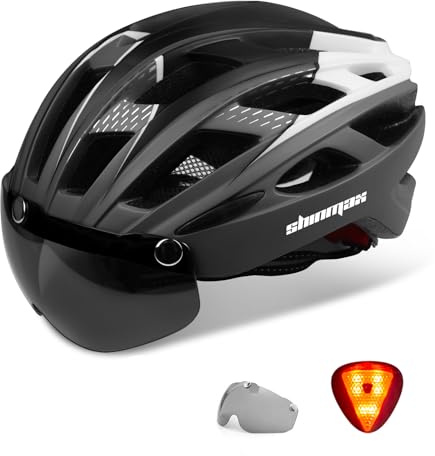 Shinmax Cykelhjälm med LED-ljus, cykelhjälm herr dam med avtagbart magnetiskt visir avtagbara glasögon ultralätt MTB-hjälm vuxen andningsbar cykelhjälm NR-096