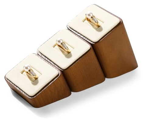 Papten Ring Halterung 3 Quadratische Ringhalter, Holz Schmuckaufbewahrung Ringe Schmuck Display Ringständer Ring Organizer Schmuckständer Schmuckhalter (Beige)