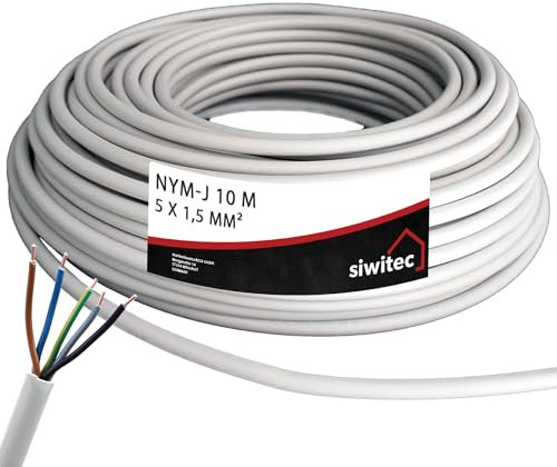 siwitec NYM-Kabel, NYM-J 5x1,5 mm², 10 m, Stromkabel, Mantelleitung, Installationskabel, Kabelring