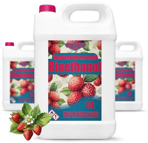 Bioéthanol 96,6 % 15 l | Alcool bio parfum fraise des bois 96,6 % 3 x 5 l | Bioéthanol pour cheminée, cheminée de table | Bioéthanol Parfum fraise des bois | Combustion propre, sans fumée, flamme vive