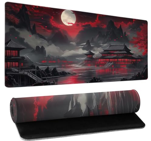 Riverside Full Moon Desk Mat Japanese Desk Pad Black Red Large Mouse Pad Gaming Mousepad 31.5x11.8 Extended XXL Keyboard Pad Japanese Laptop PC Computer Mouse Keyboard Mat for Home Office Work Game