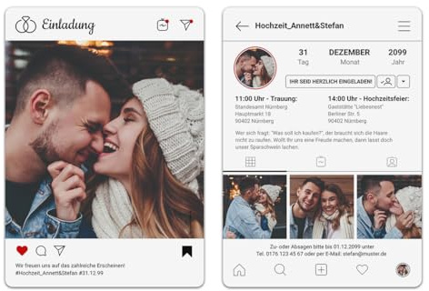 Personalisierte Hochzeit Einladungskarten im witzigen Partygram Social Media Motiv mit 4 Ihrer Foto und eigenen Texten, DIN A6, abgerundete Ecken, 300g/qm Kartonpapier