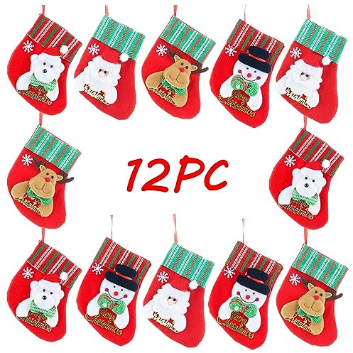 12 Pièces Mini Bas de Noël, Chaussettes Noel Deco, Bas de Noël Botte, Chaussette de Noel à Suspendre Sac pour Arbre, cheminée, vitrine,Sac de Bonbon, Décoration d'arbre de Noël