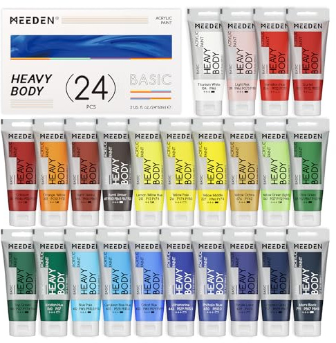 MEEDEN Heavy Body Acrylic Paint - Basic 24 x 60ml (2 oz) Color Paint Set for Adults - Rich Pigment Art Craft Paints for Canvas Rock Wood