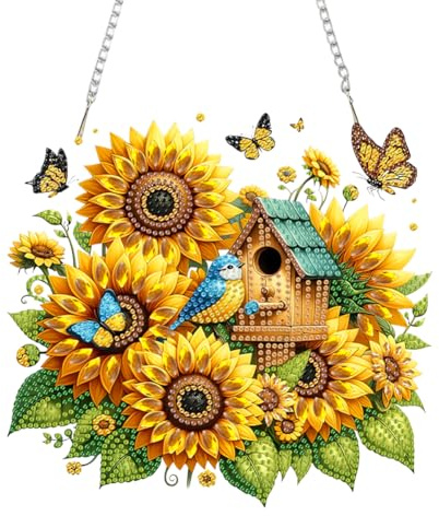 Diamond Painting Türkranz mit Kette,Diamond Painting Anhänger,Diamantmalerei Schmetterling Vogel Herz,Diamant Malerei Fensterbilder,Wandbehang Kits für Fenster Wand Eingang Decor-Sonnenblume