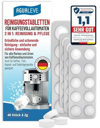 AGUALEVE® Reinigungstabletten 40 Stück (2 in 1: Reinigung + Pflege) | für alle Marken & Arten von Kaffeevollautomaten & Kaffeemaschinen, u.a. De’Longhi, Philips, Siemens, Saeco, Melitta, Miele
