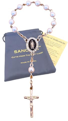 SANCTRA Chapelet de voyage à une dizaine, fait main et béni en Terre Sainte, chapelet à une dizaine avec médaille et crucifix, pochette cadeau et certificat d'authenticité