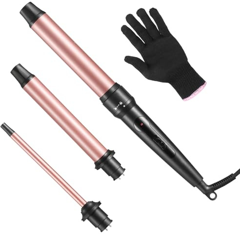 Curling Iron Wand, 3 in 1 Curling Wand Set with Ceramic Barrel for Long/Medium Hair, 0.35-1.25 Interchangeable Hair Curler Wand, Dual Voltage, Includes Glove & Clips
