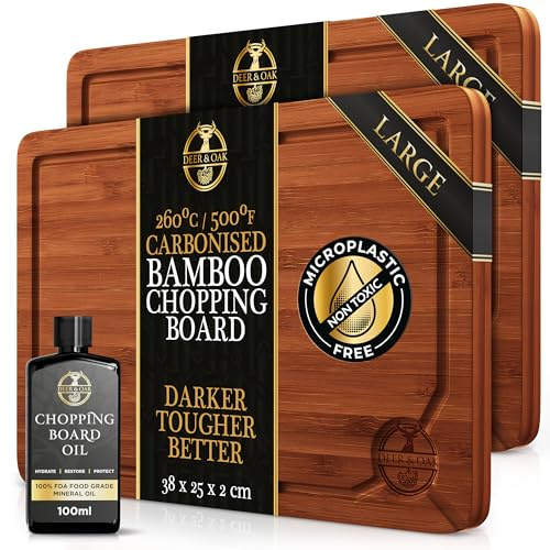 Deer & Oak Bamboo Cutting Board & Mineral Oil Bundle, Large Wooden Chopping Board 38x25x2cm + 100ml Food Grade Mineral Oil Set