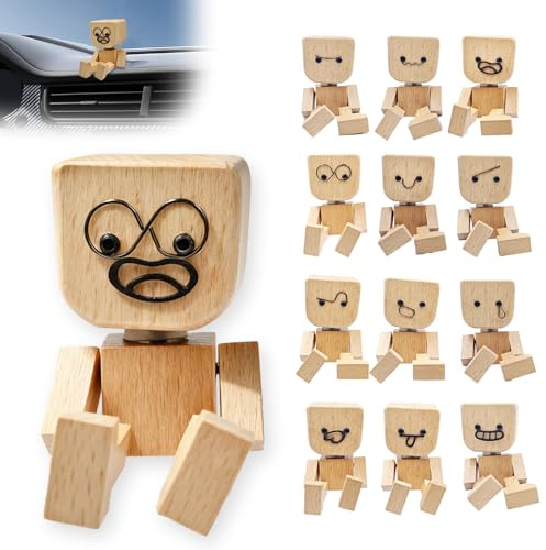 Feegela Figurine en Bois Articulé - Bonhomme en avec 12 Visages Magnétiques, Base Lourde Antidérapante, Décoration de Voiture et Bureau - Petit Bonhomme en Bois Animé