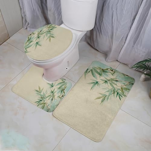 Tappeto Bagno Foglie Verde Beige Tappeti Bagno Set 3 Pezzi Antiscivolo Contorno WC Tappetino Assorbente Doccia Lavabile Copertura per Il Coperchio del WC 45x75 cm