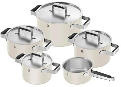 ZWILLING PURE Kochtopfset, 5-tlg, 18/10 Edelstahl, Keramik-Außenbeschichtung, Stay-Cool-Griffe, Spülmaschinengeeignet, Elfenbein-Weiß