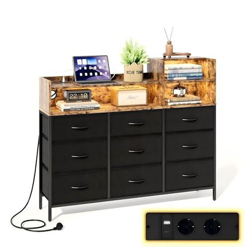 IRONCK Kommode mit Schubladen, Schubladenschrank mit LED-Beleuchtung & Ladestation, 9 Stoffschubladen & 3 Offene Fächer, Moderner Schubladenschrank für Schlafzimmer & Wohnzimmer (Vintage Schwarz)