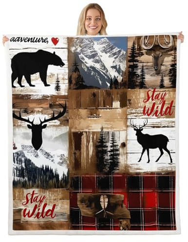jejeloiu Moose Deer Plaid Fleece Throw Blanket Patchwork Sherpa Blanket for Kids Women Men Plush Fuzzy Wood Grain Baby 30x40 Rustic Cabin Country for Bed Couch Chair Living Room Bedroom Decor