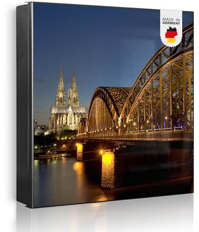 banjado Großer Schlüsselkasten Metall - Schlüsselbox 30x30cm beschreibbarer mit 32 Haken - Schlüsselkasten modern für Schlüsselaufbewahrung - Korpus Schwarz Scharnier Links - Motiv Köln
