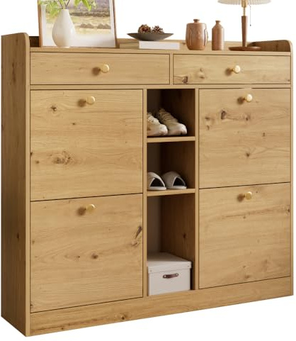Hmluxury Holzfarbener Schuhschrank mit 4 Klapptüren, 2 Schubladen, 3 offenen Fächern - Perfekt für Flur & Eingangsbereich - 110 x 26 x 100 cm, Platzsparend & Vielseitig