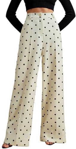 Pantalones de pierna ancha retro de lunares para mujer, pantalones casuales de cintura alta, ajuste holgado, cómodos pantalones palazzo, para uso diario, viajes, trabajo y vacaciones, beige, M