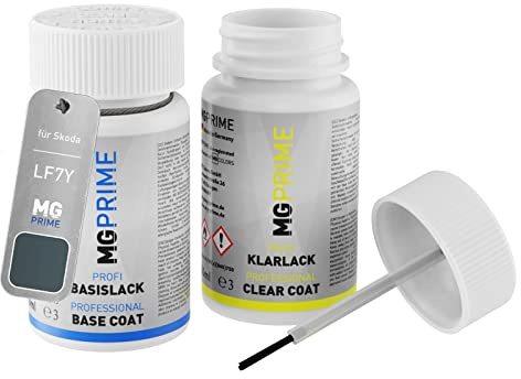 MG PRIME Autolack Lackstift für Skoda LF7Y / F6 Quarzgrau Metallic +1K | Set aus Basislack + Klarlack, Lackfläschchen mit Pinsel, je 50ml
