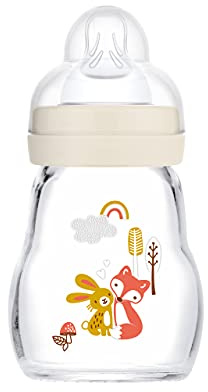 MAM Feel Good babyflaska av glas (170 ml), mjölkflaska med bred öppning, stabil babyvattenflaska med sugpropp stl. 1, från födseln, kanin/räv