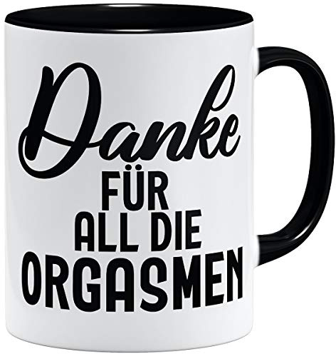 OM3® witzige Partner Kaffee-Tasse mit Spruch - Danke für all die Orgasmen | Keramik Becher | 325ml | Beidseitig Bedruckt | Schwarz