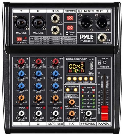 Pyle Professional DJ Audio Mixer Controller - 4-Channel DJ Controller Sound Mixer w/DSP 16 Preset Effects, USB Interface, 2 XLR Mic/Line Input, AUX, FX Processor MP3 Player, Headphone Jack PMX464