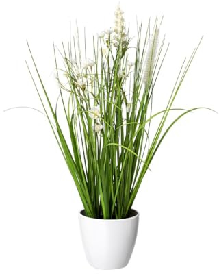 kunstpflanzen-discount.com Künstliches Wiesenblumen Arrangement 41cm hoch Creme-weiß im runden Topf - Kunstgras mit blühenden Kunstblumen und Gräsern