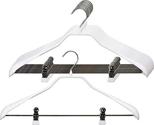 MAWA Universalbügel, 10 Stück, Universalbügel mit Klammernsteg für T-Shirts, Hosen, Röcke und Tops, drehbarer Euro-Haken, hochwertige Antirutsch-Beschichtung, 42 cm, Weiß
