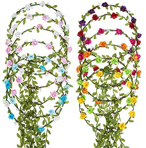 12 Stück Blumenkranz Blume Krone Stirnband,Haar Garland Leaf Ribbon,Kopfschmuck Mehrfarbige Böhmische Kopfbedeckung,für Kinder Frauen Mädchen Braut Brautjungfer,Hochzeitsfest Feiertag Geburtstag