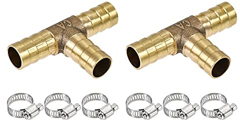 sourcing map Barb Hose Fitting 10mm OD Tee T Shape Pipe Connector 2Pcs | Brass,with 6Pcs 6-12mm Hose Clamps