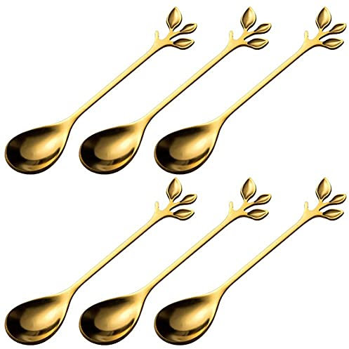 Bemvp 6 Pcs Small Coffee Spoons Adorable Gold Leaf Shape Mini Stainless Steel Espresso Spoons for Dessert Teaspoons Stirring Mixing Spoon