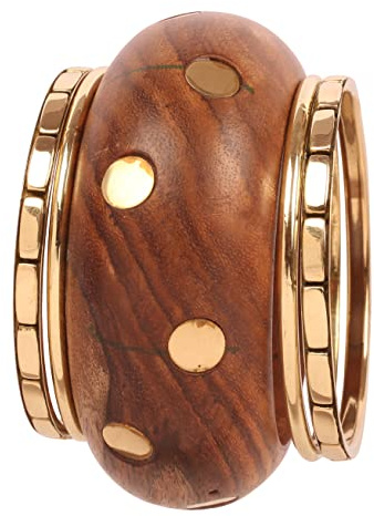 Touchstone Indiskt Bollywood-armband av naturligt trä handskuren med vackra matchande mässingsmönster för kvinnor., 2 10, Mässing, Ingen ädelsten