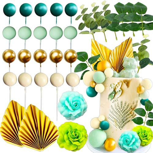 JeVenis Green Ball Cake Topper Rose Cake TopperPalm Leaves Cake Decoration Flower Cake Decorations Baby Shower Cake Decorations Wedding Cake Decoration