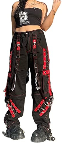 Kvinnor Y2k-jeans, gothstil, byxor i punkig emostil, säckiga, utsvängda jeans, breda ben, Harajuku grunge-byxor, hiphop-kläder, M