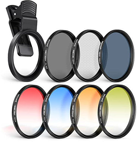 NEEWER 52 mm ND+CPL + Effect Filter Set with Mobile Phone Lens Clamp, ND32/Polarising/6 Point Star/4 Graduated Colour Filters, Compatible with 16 15 14 Pro Max Plus 13 12 11 Canon Nikon