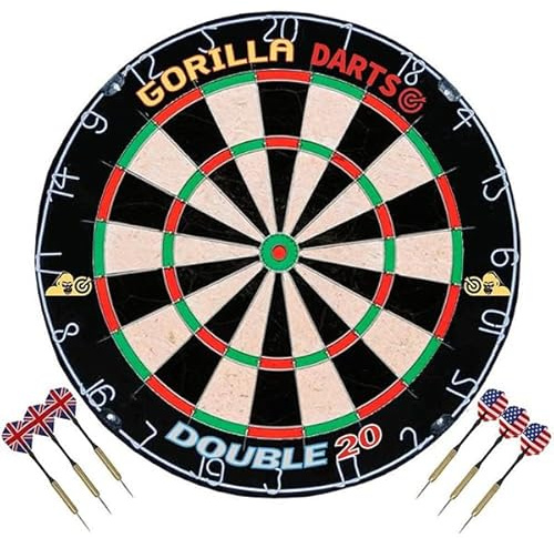 Gorilla Darts Double 20 Steel Dart Board Dartboard set with 6 pcs Steel Tip Darts 6 Flights Rotating Number Ring + Staple-Free Bullseye