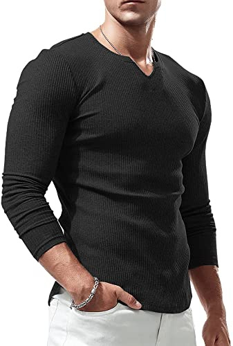 Lehmanlin Camiseta Deportiva de Manga Larga para Hombre, Cuello en V Elástico, Ajuste Musculoso, Ropa Interior Casual, Camisa Térmica de Manga Larga para Hombre de Peso Ligero Negro XS