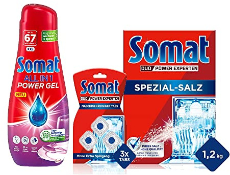Somat All in 1 Power Gel (67 Spülgänge), sogar im Eco-Programm bei niedrigen Temperaturen & Maschinenreiniger Tabs Anti-Kalk (3 WL) kein extra Spülgang & Somat Spezial Salz 1,2Kg