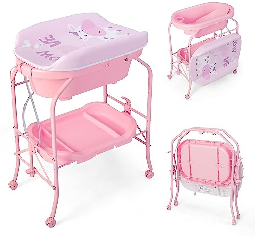 HONEY JOY Cambiador de bebé con bañera, estación de cambio de pañales plegable con ruedas, bandeja de almacenamiento, almohadilla impermeable, organizador portátil para recién nacidos, soporte de baño